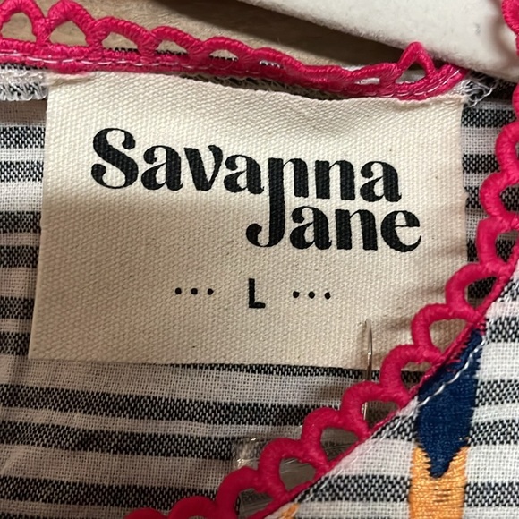 Savanna Jane size Large White with Black Stripes Sleeveless Colorful Stitch Top - Picture 2 of 9